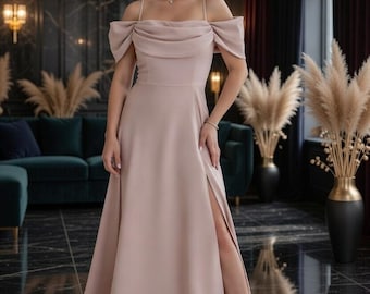 Beige off-shoulder A-Line Evening Maxi Dress with Short Sleeves: Wedding Guest, Prom