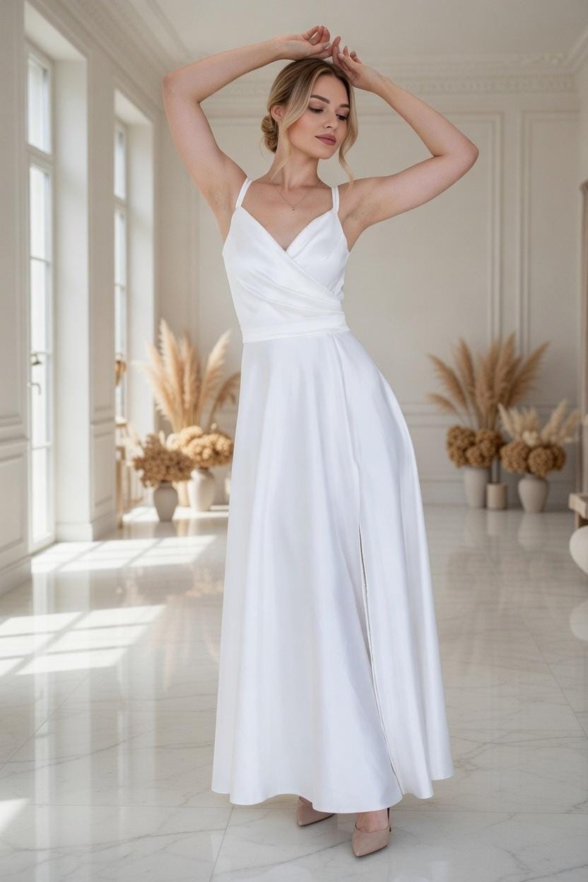 white v neck dress Ladivine 7469W and 7469WW Wedding Long Simple Slit Satin A Line Evening Gown 16 / Off White The mini dress features a flattering V neckline Ashe Crossover Back V Neck