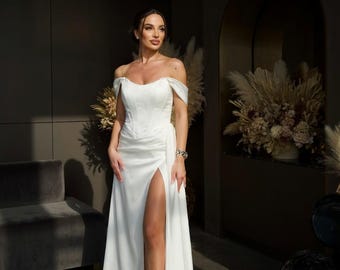 Elegant Off-White Satin Floor Length Maxi Dress with Back Zipper and High Slit for Formal Evening, Prom or Bridal