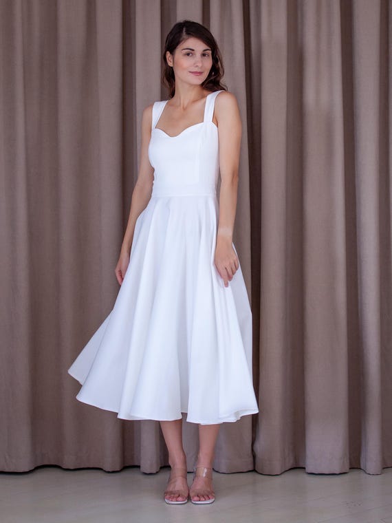 White A-Line Midi Dress with Sweetheart Neckline and Wide Straps for Bridal or Cocktail Parties