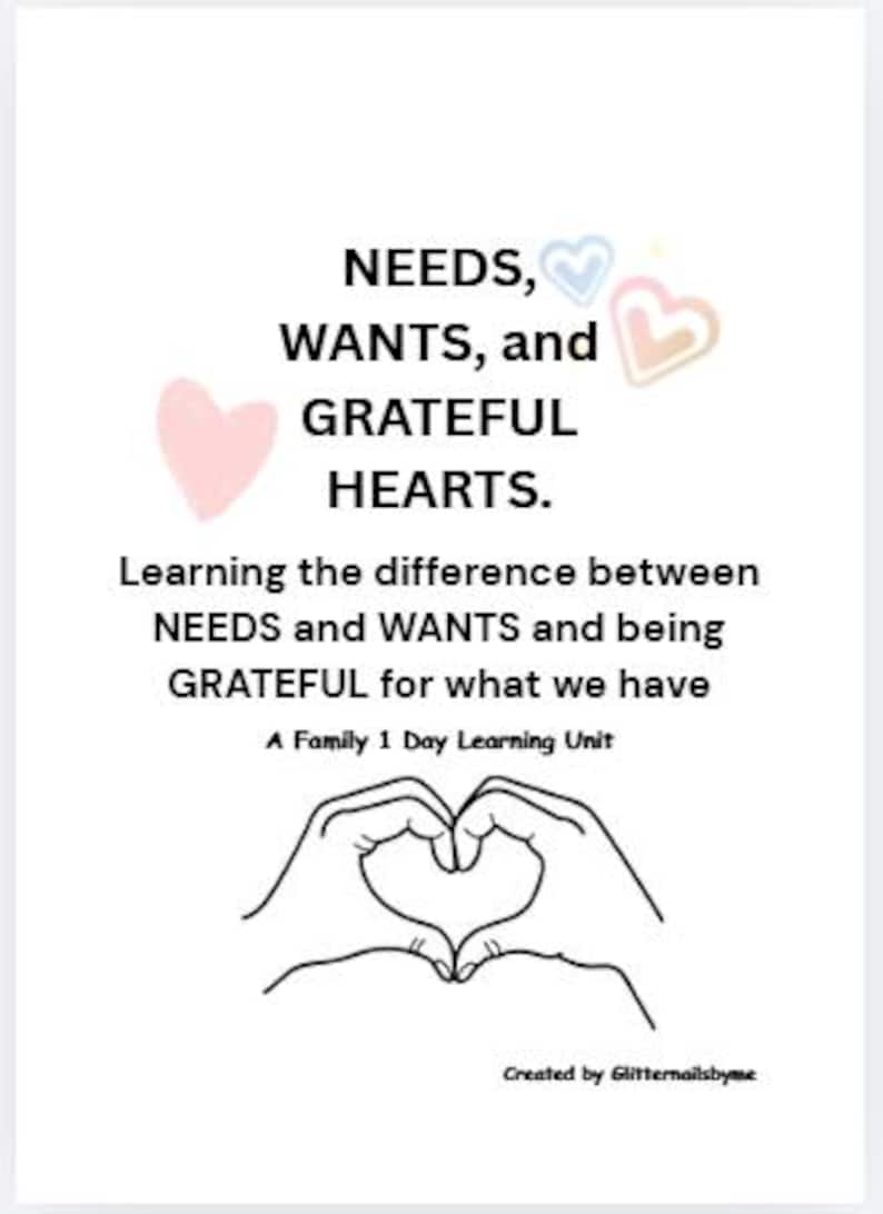 Może przedstawiać: Biały dokument edukacyjny zatytułowany NEEDS, WANTS, and GRATEFUL HEARTS. Learning the difference between NEEDS and WANTS and being GRATEFUL for what we have. A Family 1 Day Learning Unit. Stworzony przez Glitternailsbyme z ikonami serc.