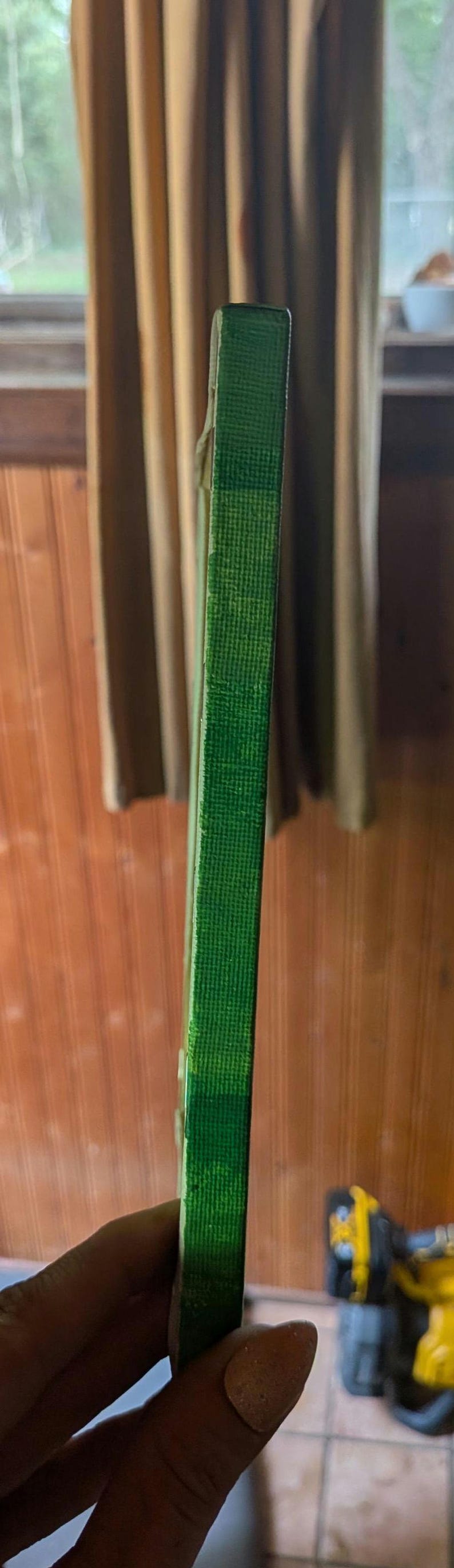 May include: A rectangular canvas panel with a textured surface painted in a solid, vibrant green colour. The side edges of the canvas are also painted in the same green hue, showing a visible woven fabric texture across the entire surface area.
