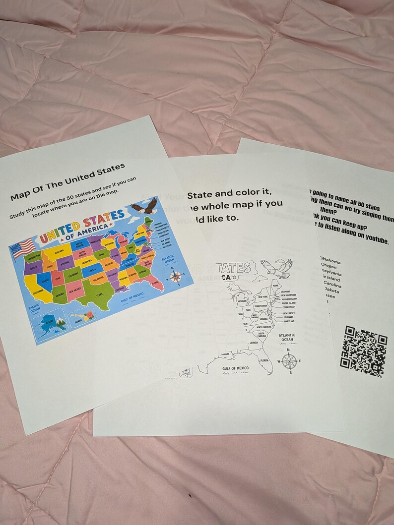 May include: Three white paper sheets featuring educational United States map activities. One sheet shows a colorful map with the text Map Of The United States, while the others include a black and white outline map, text instructions, and a QR code.