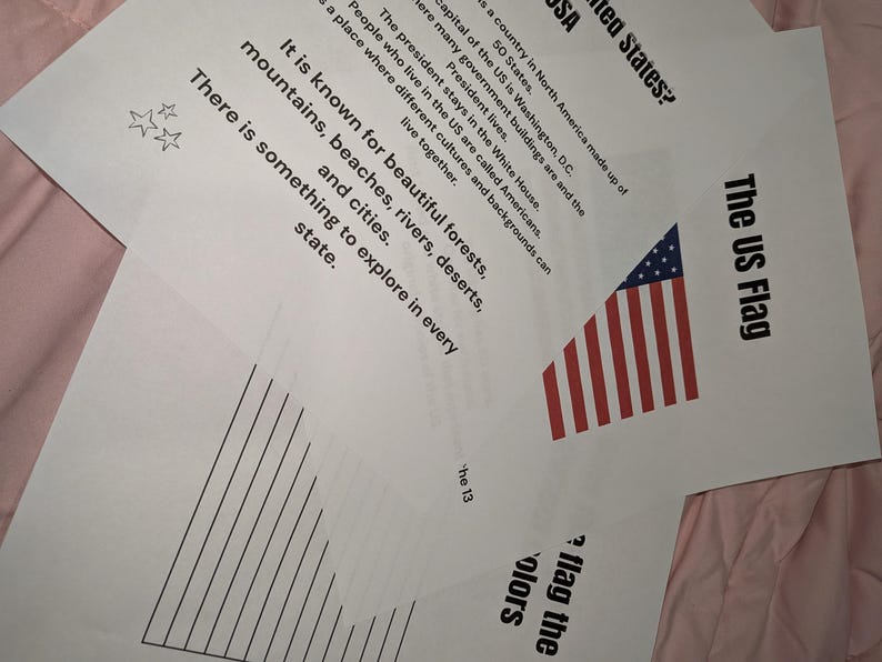 May include: Educational worksheets about the United States featuring black text on white paper. One sheet includes a US flag graphic, text about the country, and three small star icons. Another sheet shows vertical lines and the text the flag the colors.