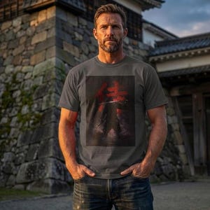以下が含まれることがあります： 赤と黒のグラフィックデザインが施されたチャコールグレーのTシャツ。デザインは、刀を持った侍のイラストのようです。人物はブルージーンズを着用し、石造りの建物の前に立っています。