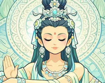 Serene Guanyin Print – Sky Blue & Sage Devotional Art