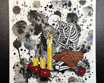Skeleton Contemplation Mixed Media Art: Ink, Acrylic, Watercolor (6"x6")