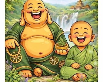 Joyful Companions – Laughing Buddha & Young Monk Art Print