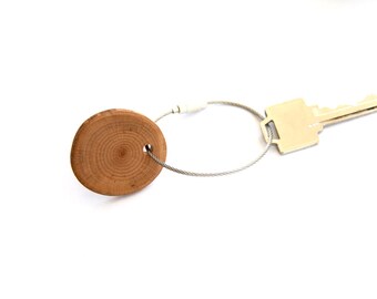 beech wood keychain - with screw on steel cable - 1.5" wood slice