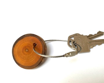 buckthorn wood keychain - with screw on steel cable - 1.5" wood slice