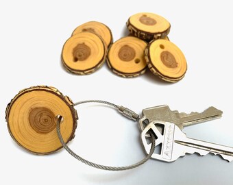 Elm wood keychain - with screw on steel cable - 1.4" wood slice