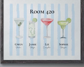 Custom Cocktail Crew Print – Coastal Striped Roommate Art, Personalized Bar Menu Names & Drinks, Roommate Drink Print, Digital Download