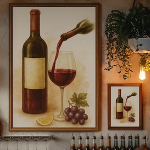 Wine Pour Wand Kunst zum ausdrucken - Aquarell Wein Flasche & Glas - Küchen Bar Dekor - Digital Download - Rotwein Kunstwerk, Hausbar zum ausdrucken