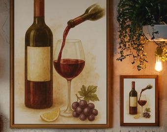 Impresión artística de acuarela de vino: Botella y copa de vino tinto (descarga digital)
