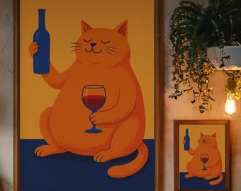 Funny Cat Wine Bar Print: Mid-Century Modern Art (Digital Download