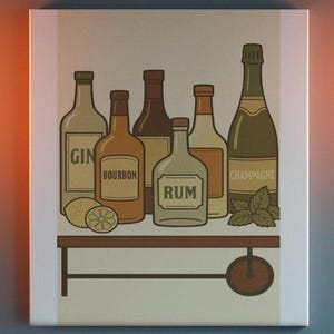 Vintage Bar Cart Art Print: Retro Liquor Bottles Illustration (Digital Download