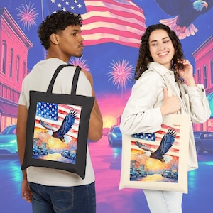 Patriotic Cotton Canvas Tote Bag, USA Eagle Design, Eco-Friendly, Independence Day Gift, Summer Picnic Carryall