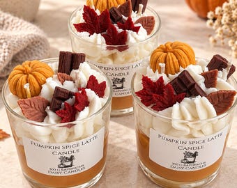 Pumpkin Spice Latte handmade candle in a glass made of rapeseed wax, autumn decoration with cinnamon, pumpkin & leaves, autumnal gift
