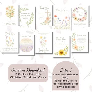 Op de afbeelding: Een verzameling van tien afdrukbare christelijke bedankkaarten. Elke kaart toont bloemen- of botanische ontwerpen met de woorden "Thank You" en een bijbelvers. De kaarten zijn direct te downloaden in PDF-formaat met een sjabloonlink voor aanpassing.