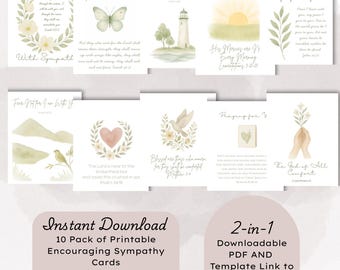 May include: A collection of ten printable sympathy cards, each with watercolour illustrations of nature, including butterflies and flowers, and comforting Bible verses. The cards are available for instant download as a PDF.