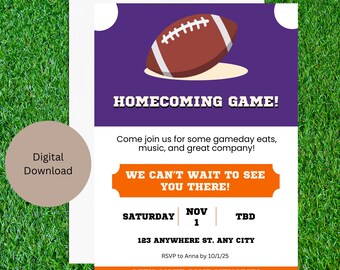 May include: A digital download invitation for a homecoming game. The design features a football graphic on a purple background with the text "HOMECOMING GAME!" and event details. The invitation is on a white background.