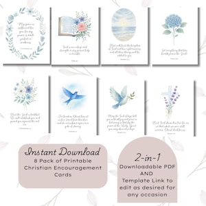 Puede incluir: Un conjunto de ocho tarjetas cristianas de ánimo imprimibles. Cada tarjeta presenta ilustraciones en acuarela de flores, palomas y citas inspiradoras. Las tarjetas están diseñadas con una paleta de colores pastel y están disponibles para descarga instantánea.