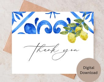 May include: A white thank you card with a watercolor design. The card features a blue and white border, a lemon branch, and the words "Thank you" in cursive. A digital download label is in the bottom right corner.