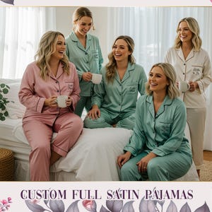 Bridesmaid Long Pajamas Set - Custom Satin Pajamas Set – Bachelorette Party Pjs - Wedding Party PJs –Satin Button Down PJs - Wedding Gifts