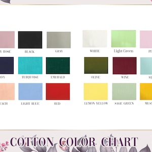 May include: A cotton colour chart displaying a range of fabric swatches. Colours include dusty rose, black, grey, white, light green, pink, navy, turquoise, emerald, olive, wine, aqua, peach, light blue, red, lemon yellow, sage green, and mustard.