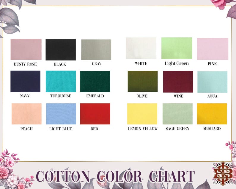 May include: A cotton colour chart displaying a range of fabric swatches. Colours include dusty rose, black, grey, white, light green, pink, navy, turquoise, emerald, olive, wine, aqua, peach, light blue, red, lemon yellow, sage green, and mustard.