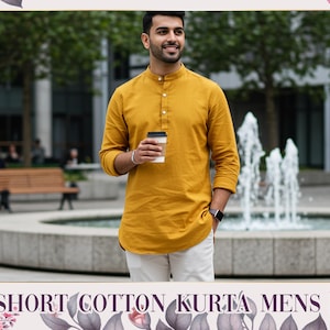 May include: Mustard yellow short cotton kurta with a mandarin collar and three-quarter sleeves. The kurta is paired with white pants. The image shows the text "SHORT COTTON KURTA MENS".