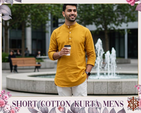 Men’s Short Cotton Kurta Plain Casual Tunic Lightweight Indian Shirt Everyday Ethnic Wear Comfortable and Easy Washable Premium Cotton Kurta