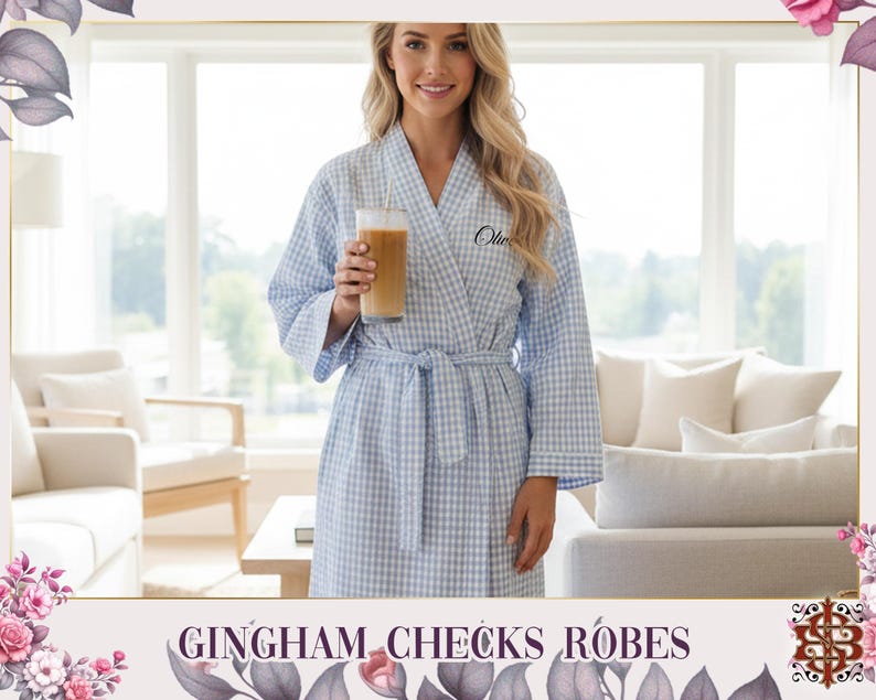 Gingham Robe Custom Name Gingham Robe for Women Personalized Checks Lounge Wear Soft ...
