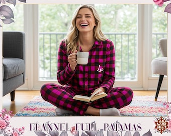 Custom Flannel Long Pajama Set Matching For Both With Buffalo Plaid Customizable Text And Initials Christmas Gift For Both Party Pajama set