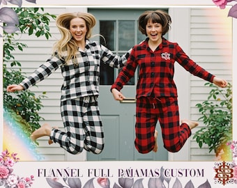 Flannel Long Set Of Pajamas For Both With Custom Text And Initials Buffalo Plaid Checks Christmas Gift Plus Size Comfortable & Relax Fit