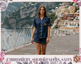 Personalized Striped Satin Pajama Set, Embroidered Bridesmaid Gifts, Bridesmaid Pajamas Set, Bachelorette Party Gifts