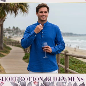 May include: A blue cotton kurta shirt with a mandarin collar and long sleeves. The shirt has a three-button placket. The image includes the text "SHORT COTTON KURTA MENS". The background shows a beach scene with a wooden fence.