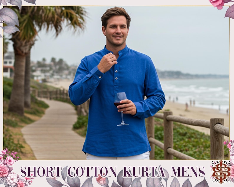 May include: A blue cotton kurta shirt with a mandarin collar and long sleeves. The shirt has a three-button placket. The image includes the text "SHORT COTTON KURTA MENS". The background shows a beach scene with a wooden fence.