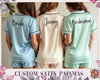Custom Satin Pajamas Set Bridesmaid Pajamas Getting Ready Outfit Bachelorette Party Pjs Wedding Party PJs Satin Button Down PJs Wedding Gift