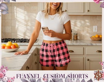 Pantalones cortos de franela a cuadros personalizados para mujer, nombre y logotipos personalizados, traje de dama de honor, regalo de boda, pantalones cortos de franela con cheques, regalo personalizado para ella