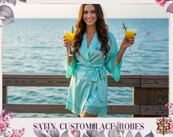 Satin Lace Robe Bridesmaid Lace Robes Lace Bridal Robe Bridal Party Robes Wedding Robes Bride Robe Personalized Robes Bridesmaid Gifts