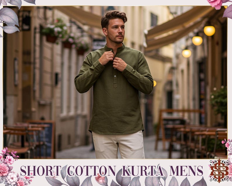 May include: An olive green short cotton kurta shirt with a mandarin collar and long sleeves. The shirt is buttoned at the neck and paired with cream-coloured trousers. The text "SHORT COTTON KURTA MENS" is at the bottom of the image.