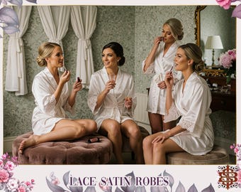 Personalized Bride & Bridesmaid Lace Robes for Wedding Day | Custom Satin Lace Robes | Bridal Party Gift | Maid of Honor and Team Bride Gift