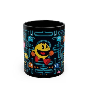 Retro Mug, Pacman and Ghosts Design, Video Game Mug, Gamer Gift, Black Coffee Cup, Gaming Inspired, Geeky Cup
