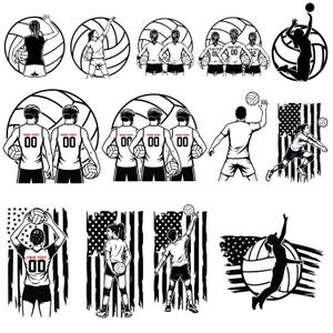 May include: A collection of black and white volleyball illustrations. The image shows volleyball players in action, including silhouettes and team designs. Some designs include the text "YOUR TEXT" and the number "00".