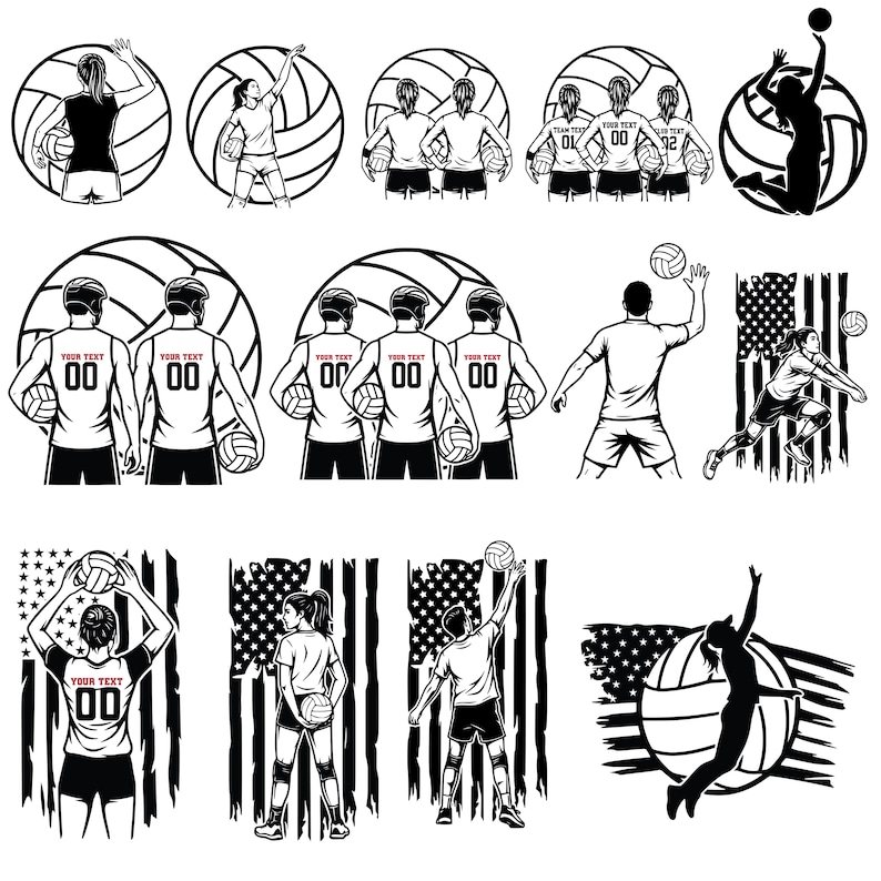 May include: A collection of black and white volleyball illustrations. The image shows volleyball players in action, including silhouettes and team designs. Some designs include the text "YOUR TEXT" and the number "00".