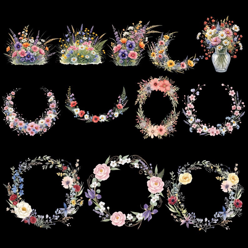 May include: A collection of watercolor floral arrangements and wreaths in various shapes. The arrangements include bouquets, crescent shapes, and circular wreaths, featuring a variety of colorful flowers and greenery against a black background.