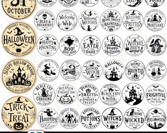 May include: A collection of 43 circular Halloween-themed signs featuring black graphic illustrations and text on a light wood background. Designs include haunted houses, witches, skeletons, pumpkins, ghosts, and bats with various spooky phrases.
