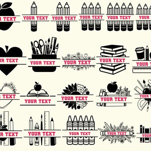 K&ouml;nnte beinhalten: Eine Sammlung von schwarz-wei&szlig;en Grafiken zum Thema Schule mit Platz f&uuml;r Text. Designs umfassen &Auml;pfel, Bleistifte, Herzen, B&uuml;cher und andere Schulmaterialien. Jede Grafik hat einen horizontalen Balken mit dem Text "YOUR TEXT".