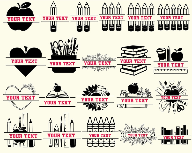 K&ouml;nnte beinhalten: Eine Sammlung von schwarz-wei&szlig;en Grafiken zum Thema Schule mit Platz f&uuml;r Text. Designs umfassen &Auml;pfel, Bleistifte, Herzen, B&uuml;cher und andere Schulmaterialien. Jede Grafik hat einen horizontalen Balken mit dem Text "YOUR TEXT".